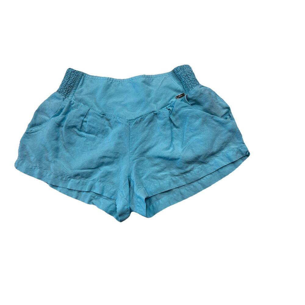 Bebe Women’s Size S/P Mini Shorts Linen Blend Ruched Waist Gold Hardware Y2K